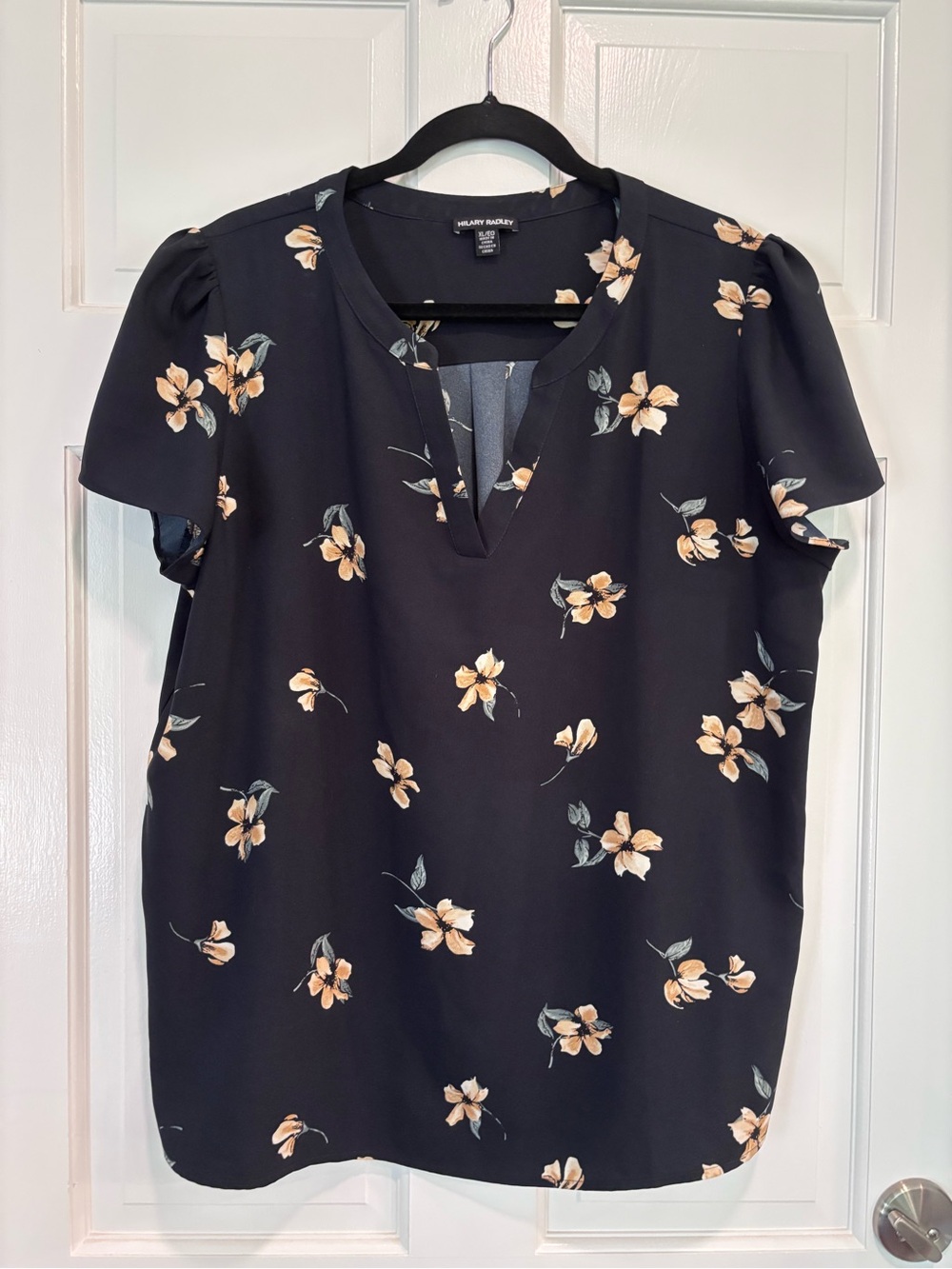 Hilary Radley XL Navy Floral Notch-Neck Short Sleeve Blouse